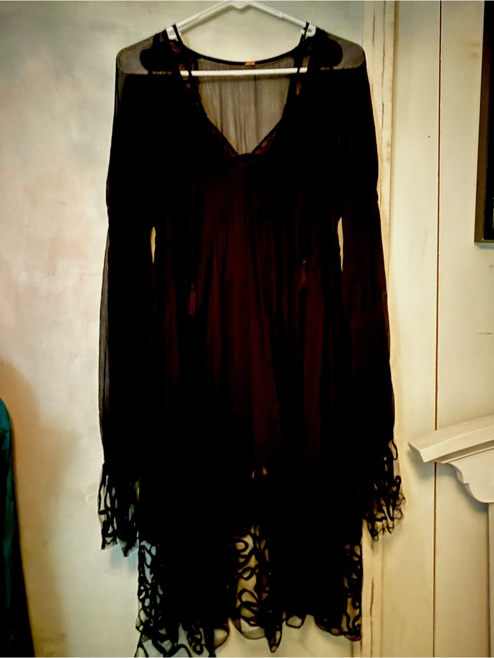 Free People Black  chiffon Long Sleeve Lace Hem  and cuff slip attached Dress